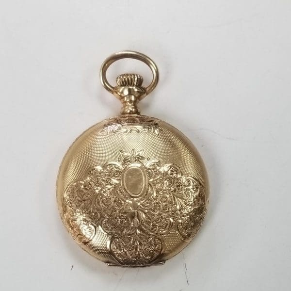 14k yellow gold American Waltham hand engraved pocket watch with white dial 3