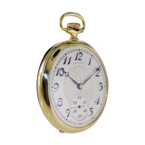 Hamilton Yellow Gold Filled Open Faced Enamel Dial Railway Pocket Watch 1940s 2