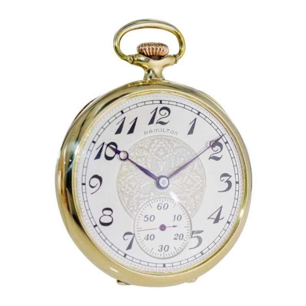 Hamilton Yellow Gold Filled Open Faced Enamel Dial Railway Pocket Watch 1940s 4