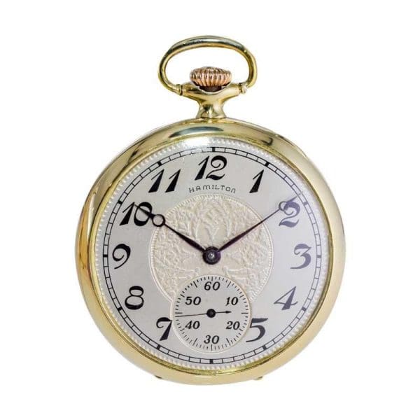 Hamilton Yellow Gold Filled Open Faced Enamel Dial Railway Pocket Watch 1940s 5