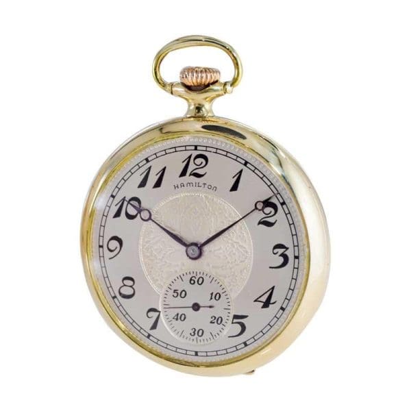 Hamilton Yellow Gold Filled Open Faced Enamel Dial Railway Pocket Watch 1940s 6