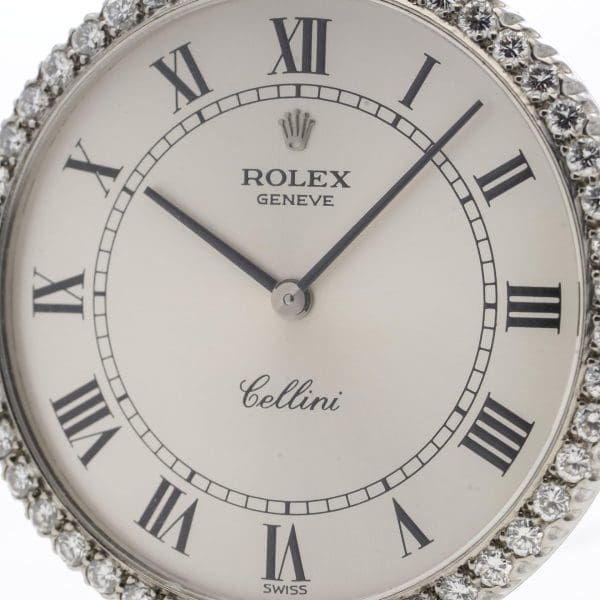 Zegarek kieszonkowy Rolex Cellini z 18-karatowego białego złota i diamentów, bezkluczykowy, z otwartą tarczą i wiatrem 3